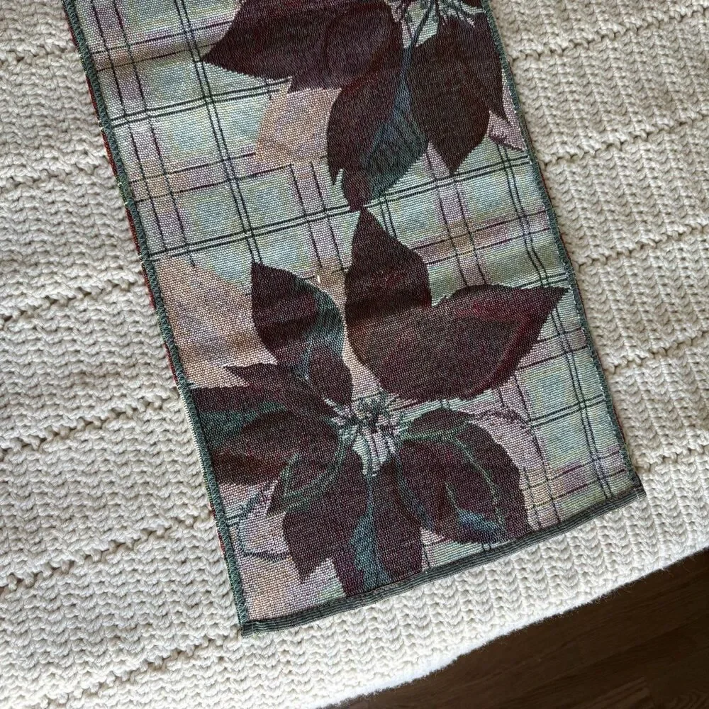 Vintage Jacquard Table Runner Plaid Poinsettia Christmas Woven Tapestry 13